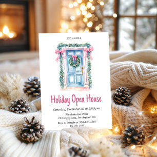 Waterverf Blauwe Deur Holiday Open House Kerstmis Kaart