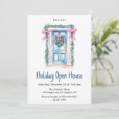 Waterverf Blauwe Deur Holiday Open House Kerstmis Kaart (Staand voorkant)