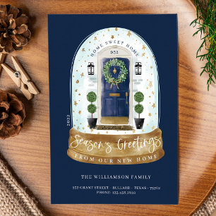 Waterverf Blauwe deur Sneeuw Wereldbol Nieuwe star Feestdagenkaart