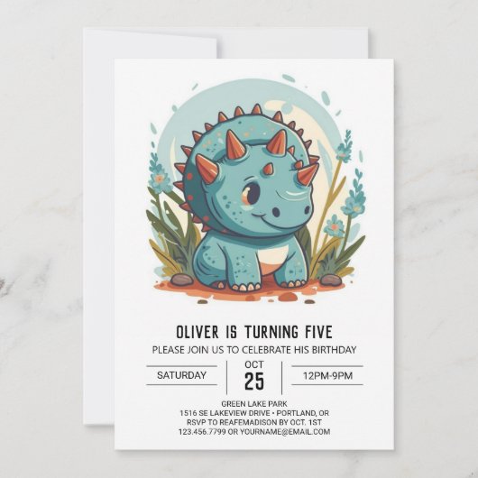 Waterverf Blauwe Dinosaurus Jongen Verjaardag Kaart (Voorkant)