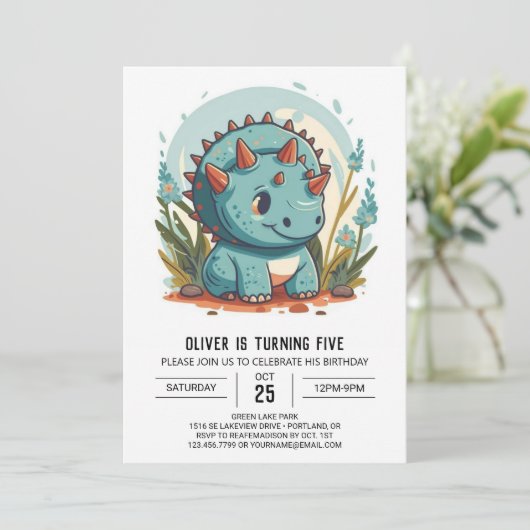 Waterverf Blauwe Dinosaurus Jongen Verjaardag Kaart (Staand voorkant)