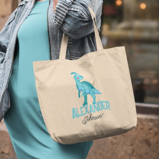 Waterverf Blauwe Dinosaurus met Kinder Naam Kinder Grote Tote Bag