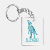 Waterverf Blauwe Dinosaurus met Kinder naam Sleutelhanger (Voorkant Links)