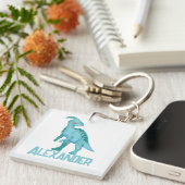 Waterverf Blauwe Dinosaurus met Kinder naam Sleutelhanger (Voorkant Rechts)