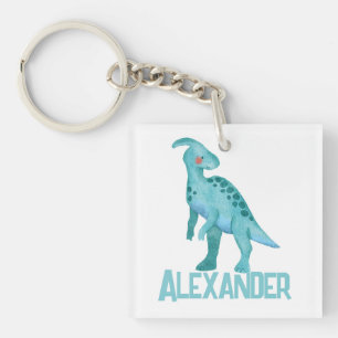 Waterverf Blauwe Dinosaurus met Kinder naam Sleutelhanger