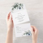 Waterverf blauwe distel eucalyptus bruiloft all in one uitnodiging (Afscheurbaar)