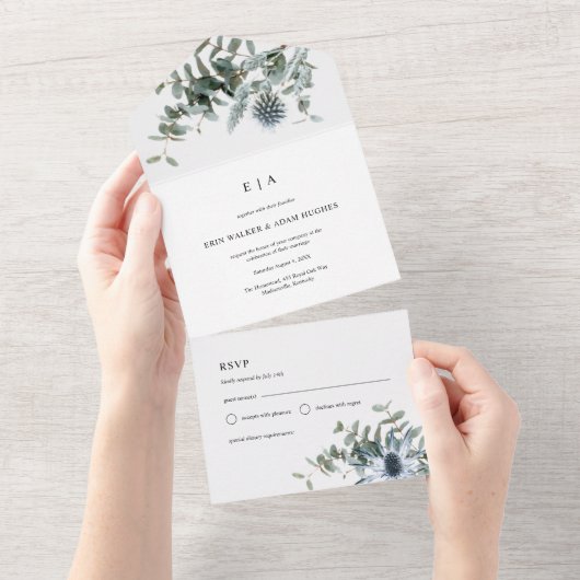 Waterverf blauwe distel eucalyptus bruiloft all in one uitnodiging (Afscheurbaar)