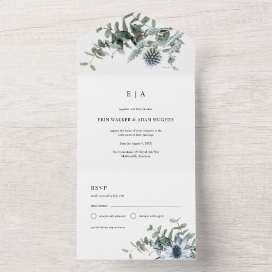 Waterverf blauwe distel eucalyptus bruiloft all in one uitnodiging (Binnen)