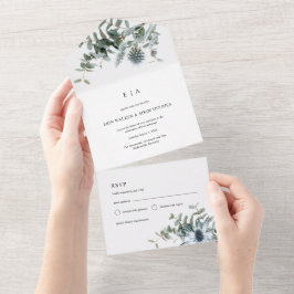 Waterverf blauwe distel eucalyptus bruiloft all in one uitnodiging