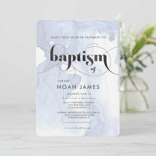 Waterverf Blauwe Doopuitnodiging Kaart (Staand voorkant)