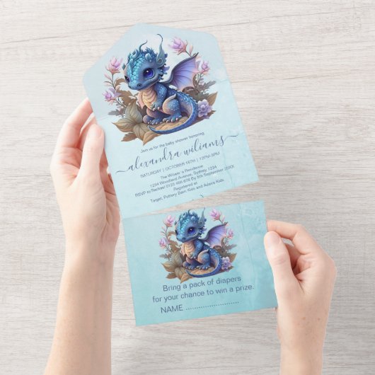 Waterverf blauwe draak Baby shower All In One Uitnodiging (Afscheurbaar)