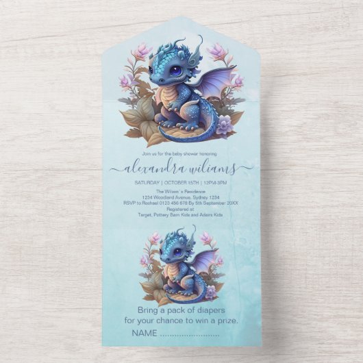 Waterverf blauwe draak Baby shower All In One Uitnodiging (Binnen)
