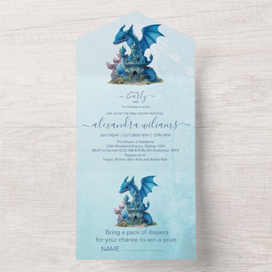Waterverf blauwe draak Baby shower All In One Uitnodiging (Binnen)