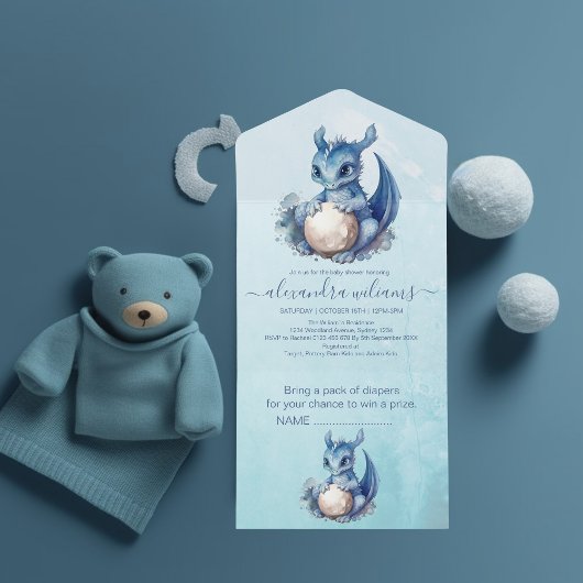 Waterverf blauwe draak Baby shower All In One Uitnodiging