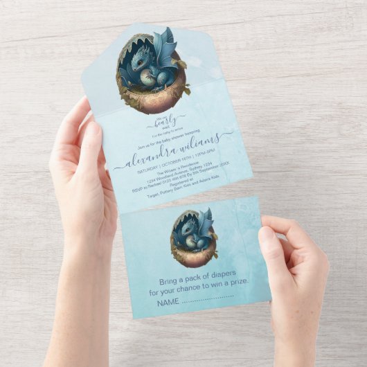 Waterverf blauwe draak Baby shower All In One Uitnodiging (Afscheurbaar)