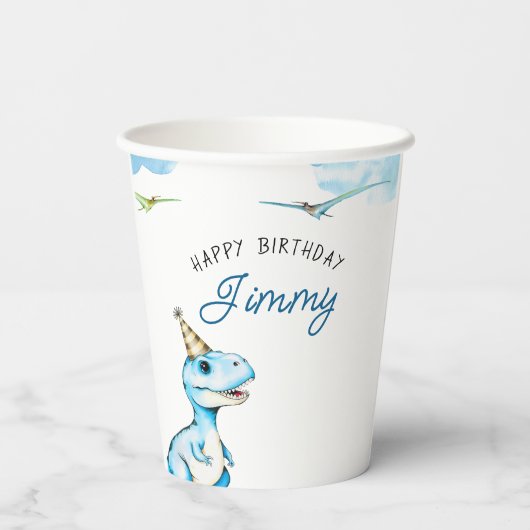 Waterverf Blauwe Drie Rex Dinosaurus Verjaardag Papieren Bekers (Achterkant)