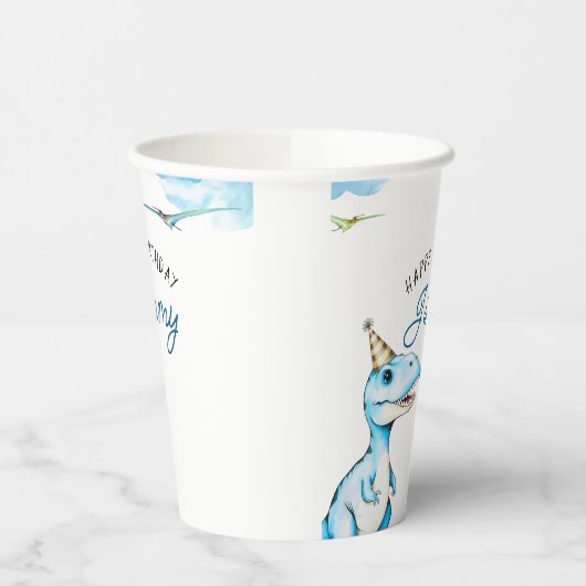 Waterverf Blauwe Drie Rex Dinosaurus Verjaardag Papieren Bekers (Links)