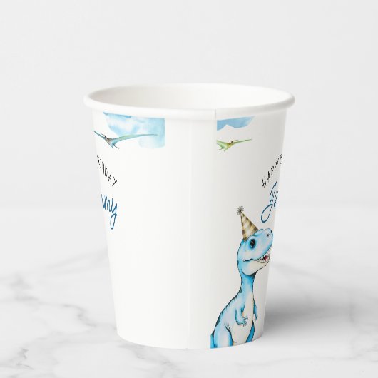 Waterverf Blauwe Drie Rex Dinosaurus Verjaardag Papieren Bekers (Rechts)