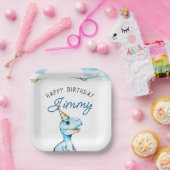 Waterverf Blauwe Drie Rex Dinosaurus Verjaardag Papieren Bordje (Feest)