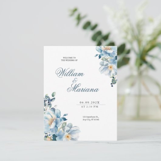 Waterverf Blauwe Elegante Bloemen Huwelijksuitnodi Kaart (Staand voorkant)