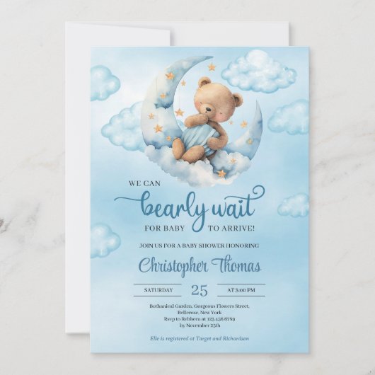 Waterverf blauwe en bruine teddybeer boven de maan kaart (Voorkant)