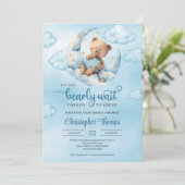 Waterverf blauwe en bruine teddybeer boven de maan kaart (Staand voorkant)