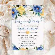 Waterverf Blauwe en Gele Bloemen Baby Shower