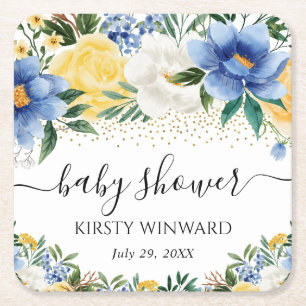 Waterverf Blauwe en Gele Bloemen Baby Shower Kartonnen Onderzetters