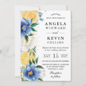 Waterverf Blauwe en Gele Bloemen Bruiloft Kaart (Voorkant)