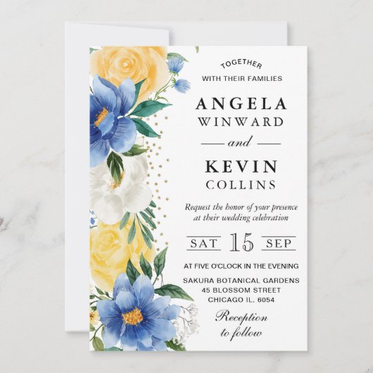Waterverf Blauwe en Gele Bloemen Bruiloft Kaart (Voorkant)