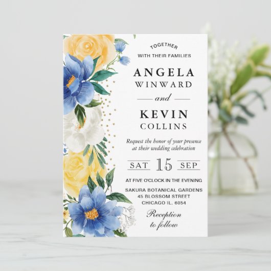 Waterverf Blauwe en Gele Bloemen Bruiloft Kaart (Staand voorkant)