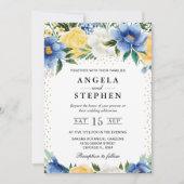 Waterverf Blauwe en Gele Bloemen Bruiloft Kaart (Voorkant)