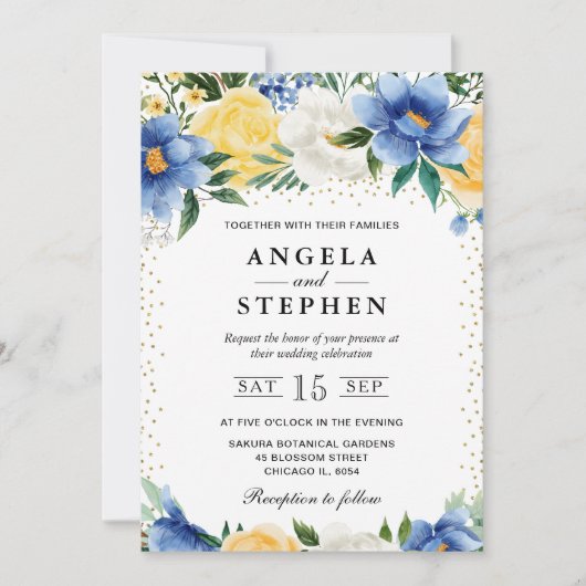 Waterverf Blauwe en Gele Bloemen Bruiloft Kaart (Voorkant)