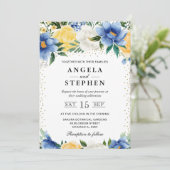 Waterverf Blauwe en Gele Bloemen Bruiloft Kaart (Staand voorkant)