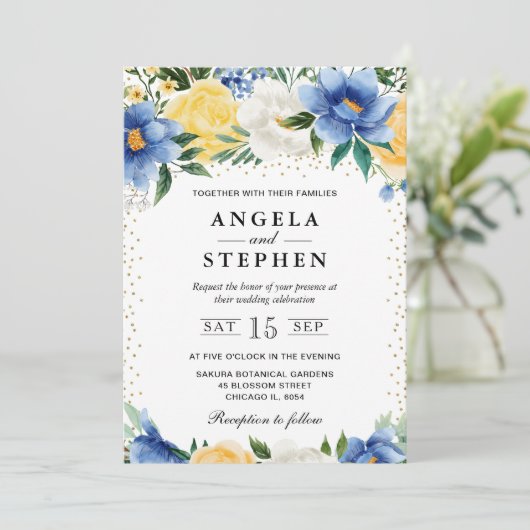 Waterverf Blauwe en Gele Bloemen Bruiloft Kaart (Staand voorkant)
