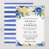 Waterverf Blauwe en Gele Bloemen Bruiloft Kaart (Voorkant / Achterkant)