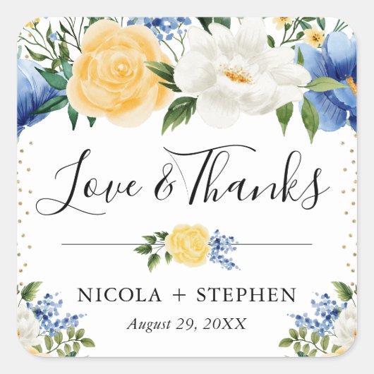 Waterverf Blauwe en Gele Bloemen Bruiloft Vierkante Sticker (Voorkant)