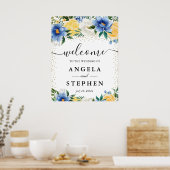 Waterverf Blauwe en Gele Bloemen Bruiloft Welkom Poster (Keuken)