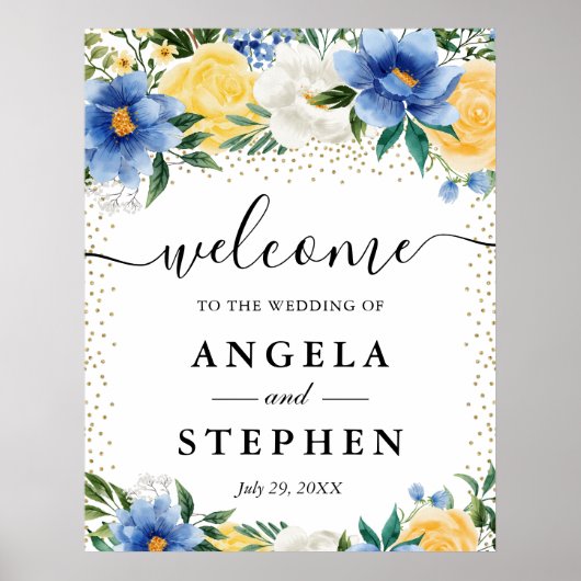 Waterverf Blauwe en Gele Bloemen Bruiloft Welkom Poster (Voorkant)