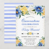 Waterverf Blauwe en Gele Bloemen Quinceanera Kaart (Voorkant / Achterkant)