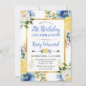 Waterverf Blauwe en Gele Bloemen Verjaardag Kaart (Voorkant)