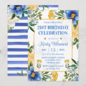 Waterverf Blauwe en Gele Bloemen Verjaardag Kaart (Voorkant / Achterkant)