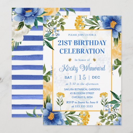 Waterverf Blauwe en Gele Bloemen Verjaardag Kaart (Voorkant / Achterkant)