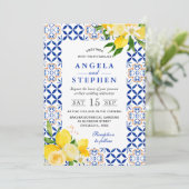 Waterverf Blauwe en Gele Citroenen Lijst Bruiloft Kaart (Staand voorkant)