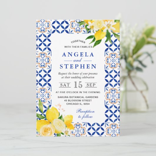 Waterverf Blauwe en Gele Citroenen Lijst Bruiloft Kaart (Staand voorkant)