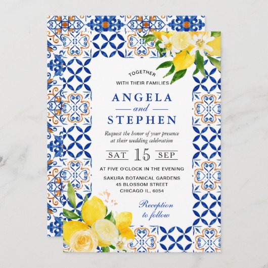 Waterverf Blauwe en Gele Citroenen Lijst Bruiloft Kaart (Voorkant / Achterkant)
