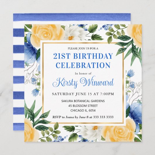 Waterverf Blauwe en Gele Zomerbloemen Verjaardag Kaart (Voorkant / Achterkant)
