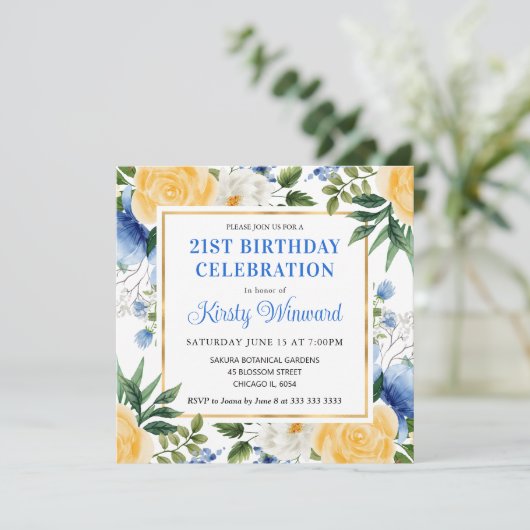 Waterverf Blauwe en Gele Zomerbloemen Verjaardag Kaart (Staand voorkant)
