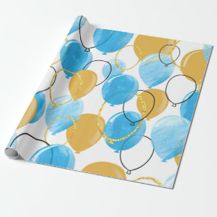 Waterverf blauwe en goudballonnen naadloos cadeaupapier