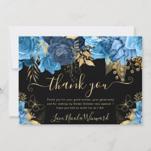 Waterverf Blauwe en Gouden Bloemen Sweet 16 Bedankkaart